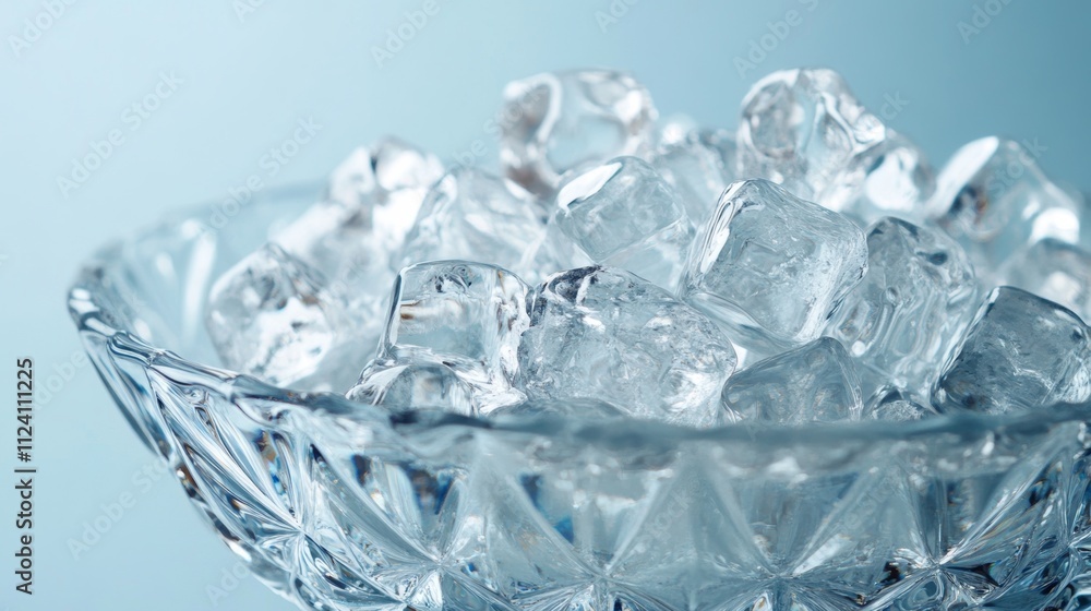 A stunning crystal bowl containing sparkling ice cubes, artistically displayed against a serene soft blue backdrop A stunning crystal bowl containing sparkling ice cubes, artistically displayed against a serene soft blue backdrop
