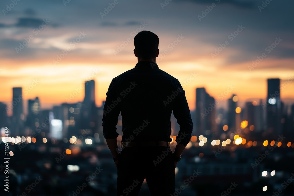 A solitary man stands silhouetted against a vibrant sunset as the city skyline stretches before him, representing contemplation and the beauty of urban life at dusk. A solitary man stands silhouetted against a vibrant sunset as the city skyline stretches before him, representing contemplation and the beauty of urban life at dusk.