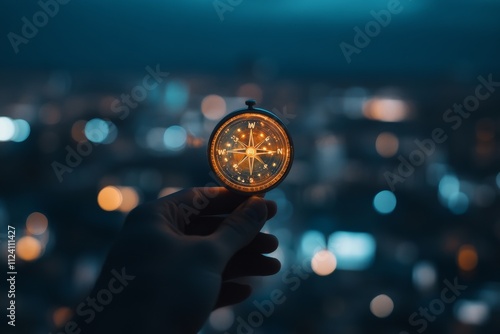 A hand carefully holds a compass, illuminated against the backdrop of softly blurred city lights, symbolizing direction and guidance in a modern urban environment.