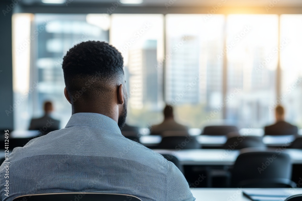A person is seen from behind in a modern office environment, sitting at a desk with a view of a city skyline, symbolizing focus and professional ambition. A person is seen from behind in a modern office environment, sitting at a desk with a view of a city skyline, symbolizing focus and professional ambition.