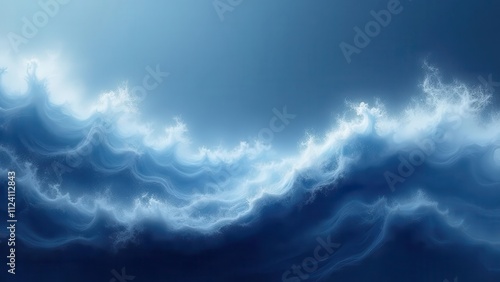 Twisting vapor shapes. Serene white mist rotates in soft, graceful waves on a dark cerulean expanse, creating a harmonious visual.