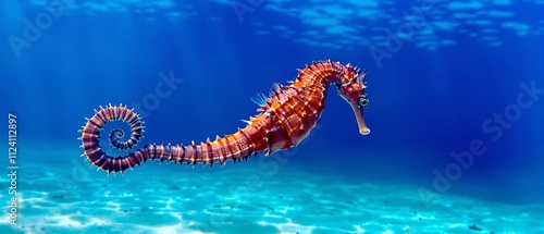 Vibrant orange seahorse gracefully swimming in crystal-clear blue ocean waters, showcasing the beauty marine life, underwater biodiversity, delicate charm of aquatic creatures in their natural habitat photo