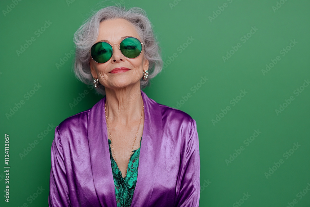 Stylish older woman poses confidently with green backdrop Stylish older woman poses confidently with green backdrop