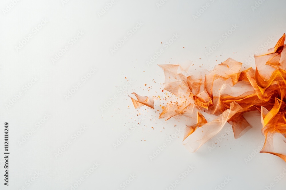 Fototapeta premium Abstract art depicting an orange fabric disintegrating into pieces, highlighting the concepts of transformation and energy through vibrant colors and movement.