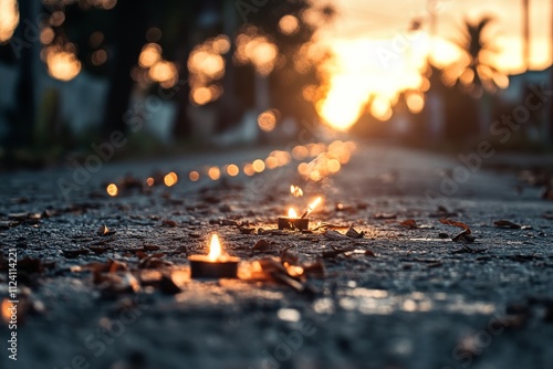 A serene pathway lined with flickering tealight candles, creating a peaceful ambiance as the sun sets, invoking feelings of reflection and solitude.