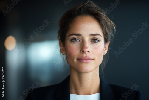 A professional woman with a confident expression captured in a sophisticated style, showcasing leadership and determination in a modern setting. photo