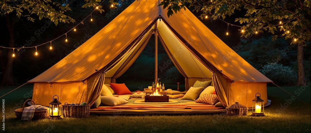 Fototapeta premium Cozy glamping tent illuminated by warm string lights