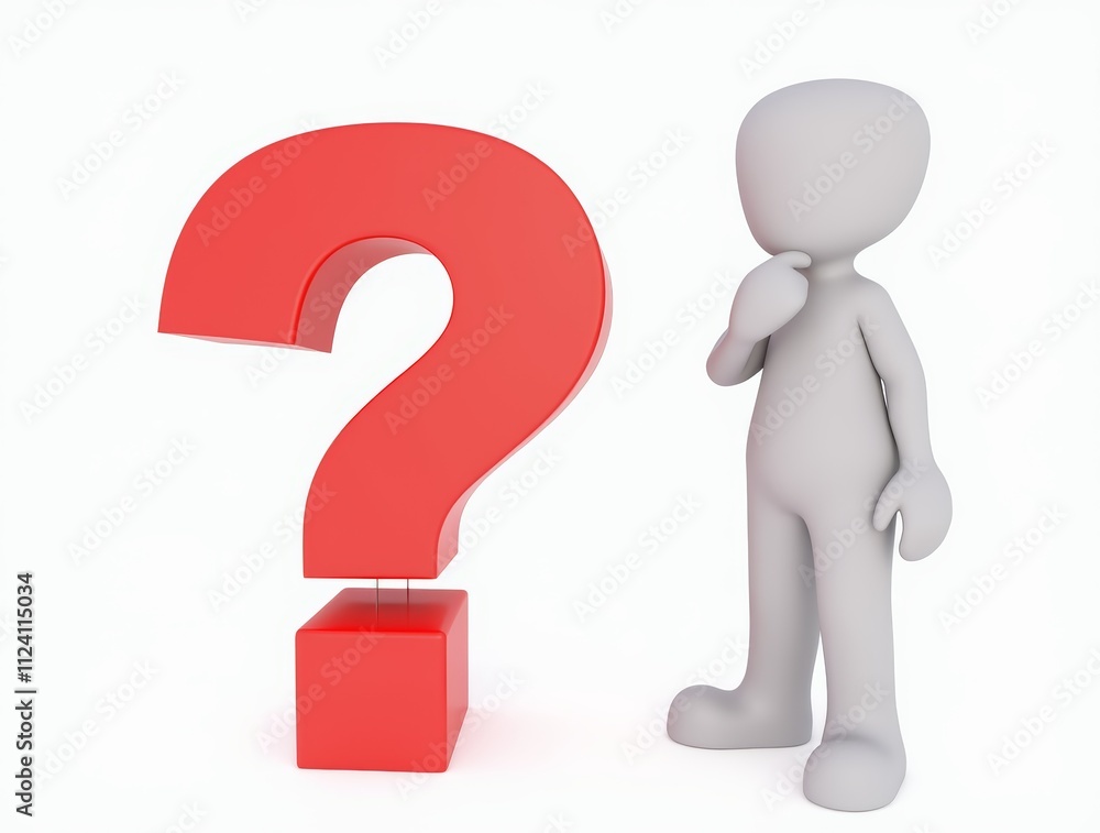 3D Cartoon Character Pondering a Large Red Question Mark 3D Cartoon Character Pondering a Large Red Question Mark