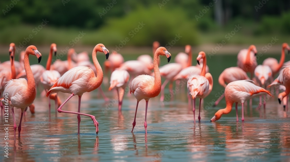 A vibrant scene of flamingos wading gracefully in shallow water, their pink feathers reflecting beautifully on the surface, capturing the essence of tropical wildlife and serene nature. A vibrant scene of flamingos wading gracefully in shallow water, their pink feathers reflecting beautifully on the surface, capturing the essence of tropical wildlife and serene nature.