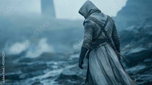 A lone figure in a weathered cloak stands on a rocky shore, facing a misty landscape filled with dramatic, swirling clouds, This moody image is ideal for fantasy, adventure, or storytelling themes, photo