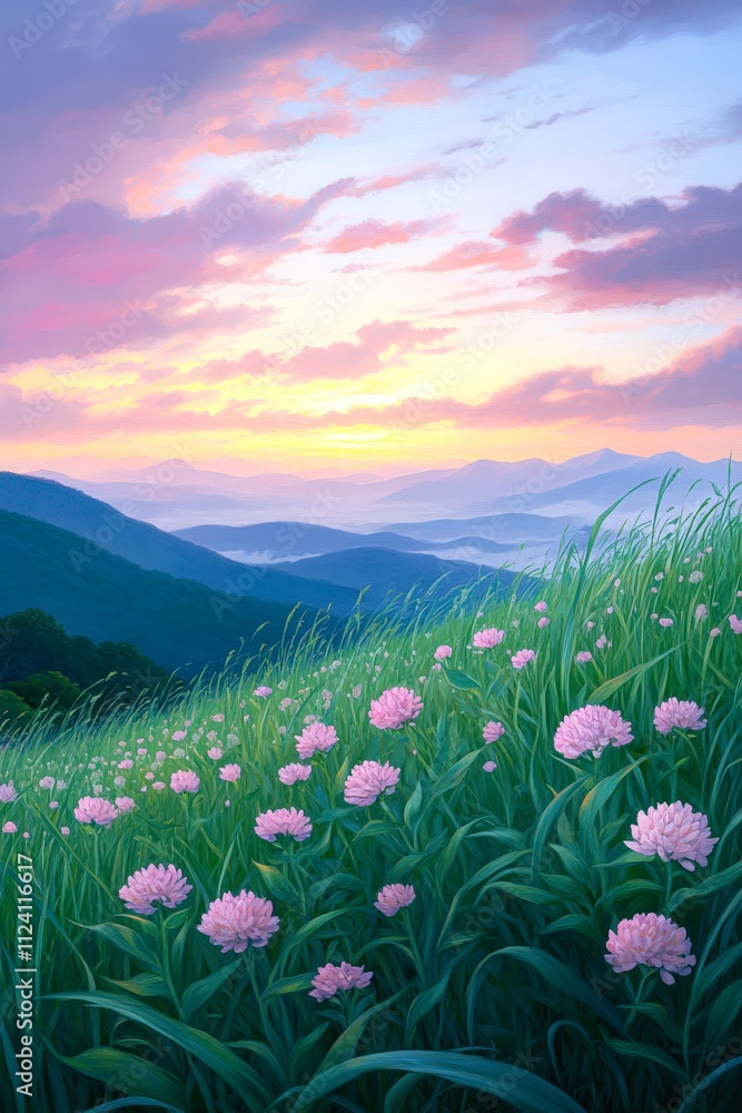 Fototapeta premium A serene mountain landscape featuring vibrant pink flowers in lush green grass under a colorful sunset sky, Ideal for nature-themed projects, calming decor, or environmental campaigns,