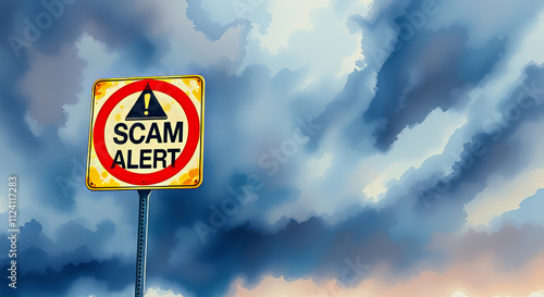 A Scam alert sign with water colored background