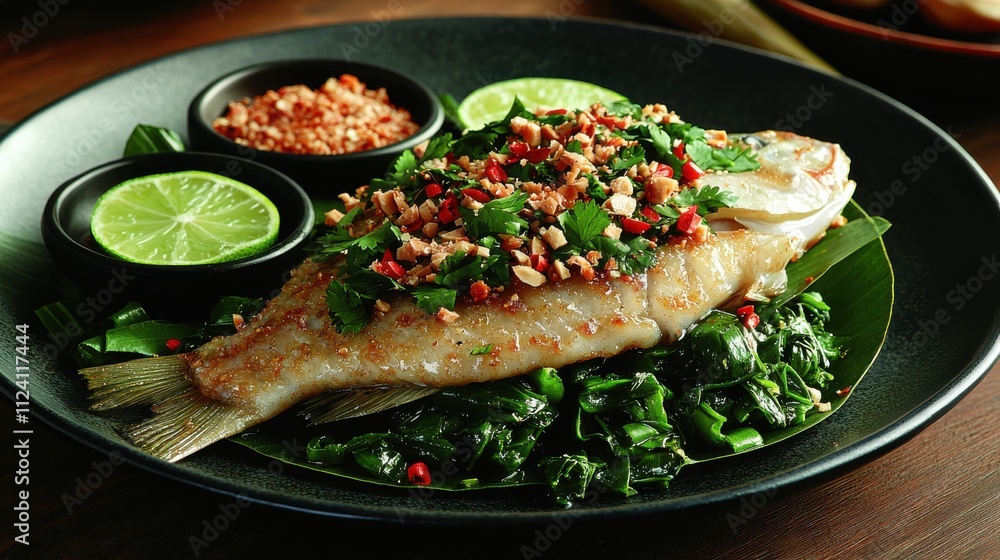 Delicious grilled fish topped with fresh herbs, chopped peanuts, and chili, served on a bed of greens with lime wedges and spices on the side, offering vibrant flavors. Delicious grilled fish topped with fresh herbs, chopped peanuts, and chili, served on a bed of greens with lime wedges and spices on the side, offering vibrant flavors.