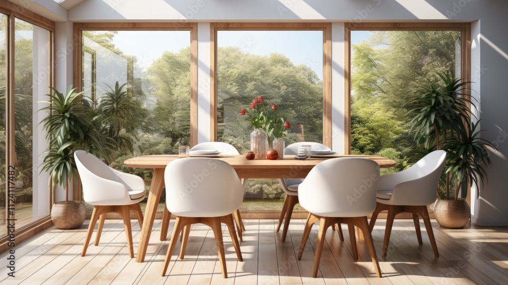 Obraz premium Bright and Airy Dining Room with Modern Furniture and Green View