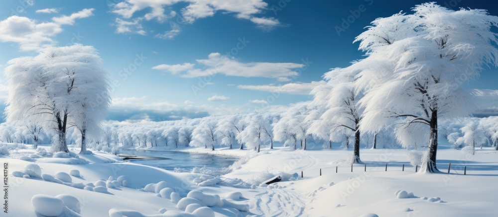 Serene Winter Landscape with Snow-Covered Trees and Clear Sky Serene Winter Landscape with Snow-Covered Trees and Clear Sky