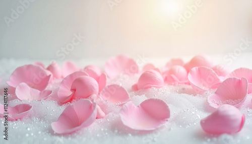 Romantic bubble bath with pink rose petals scattered on white foam in soft light
