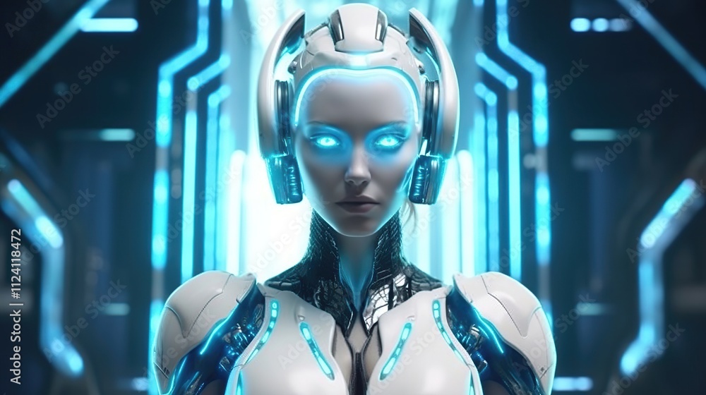 Futuristic Robot Woman with Blue Lights in High-Tech Environment Futuristic Robot Woman with Blue Lights in High-Tech Environment