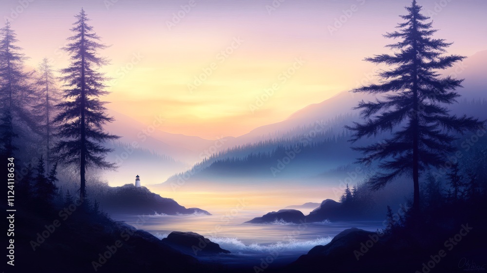 Serene landscape featuring a calm lake surrounded by misty mountains and tall pine trees at sunset, ideal for nature-themed projects, meditation resources, or travel brochures, Serene landscape featuring a calm lake surrounded by misty mountains and tall pine trees at sunset, ideal for nature-themed projects, meditation resources, or travel brochures,
