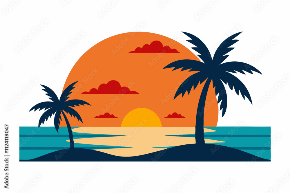 Beach Sunset Vector Illustration - Line Art Design for Print Beach Sunset Vector Illustration - Line Art Design for Print