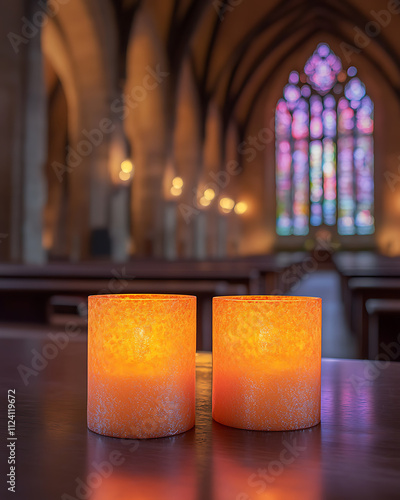 Serene Church Interior with Glowing Candles and Stained Glass Window Peaceful Atmosphere photo