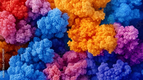 A vibrant and colorful abstract texture featuring clusters of blue, orange, pink, and purple hues, This image can be used for backgrounds, digital artwork, or marketing materials,