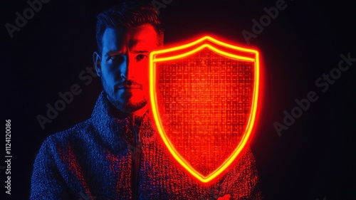 Wallpaper Mural Defensive action of a man with a neon shield dark studio portrait photography dramatic lighting concept of protection Torontodigital.ca