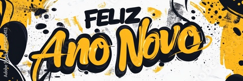 Sticker design of the word FELIZ Ano Novo on a white background, with yellow and black cursive lettering, leaves pattern around it