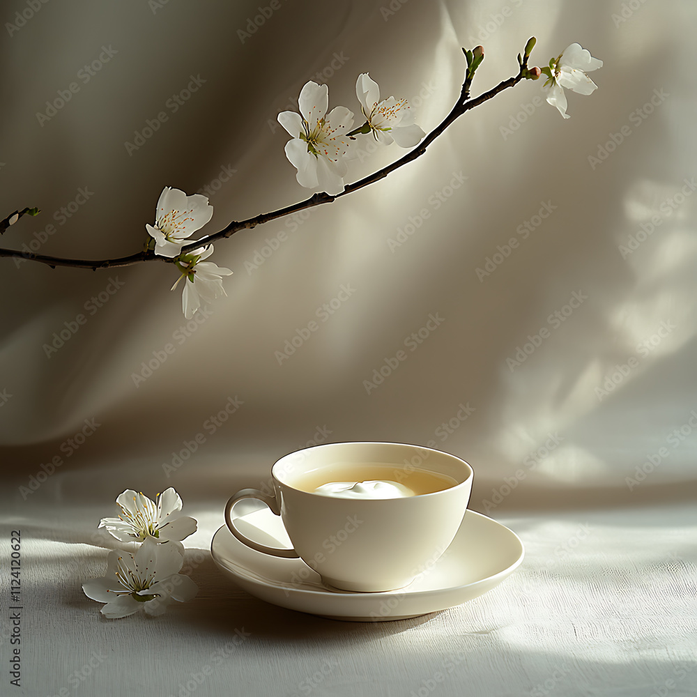serene tea cup with cream sits elegantly on saucer, surrounded by delicate white flowers. soft lighting enhances tranquil atmosphere, perfect for relaxation serene tea cup with cream sits elegantly on saucer, surrounded by delicate white flowers. soft lighting enhances tranquil atmosphere, perfect for relaxation