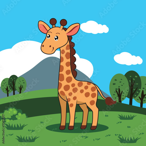 cartoon illustration of a giraffe in the grassland photo