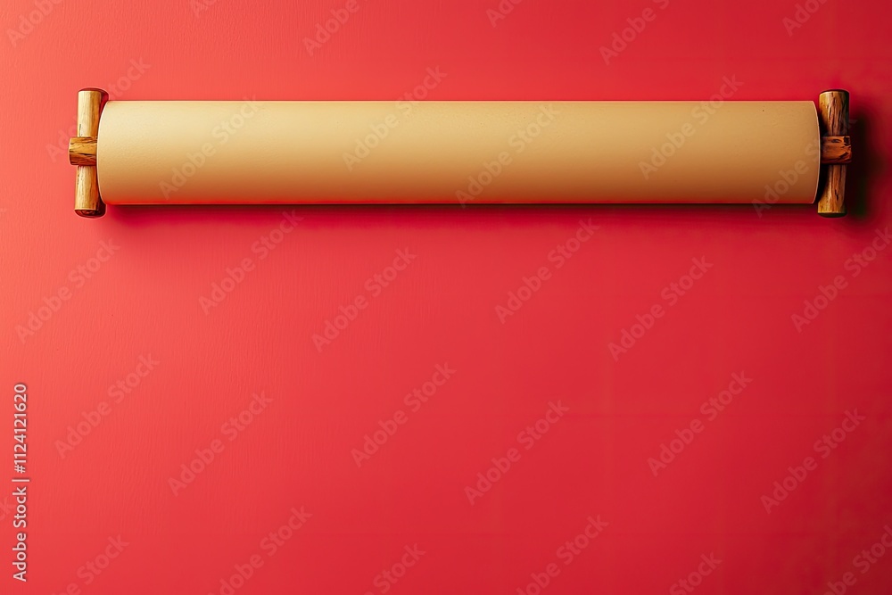 Beige Paper Roll on Red Background, Wooden End Caps Beige Paper Roll on Red Background, Wooden End Caps