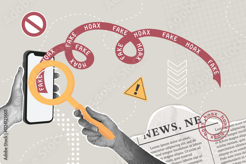 Trendy halftone collage. The concept of fake news, fake website deception, sharing false information on social media,hoax. Hand with magnifying glass draws attention that news is fake.