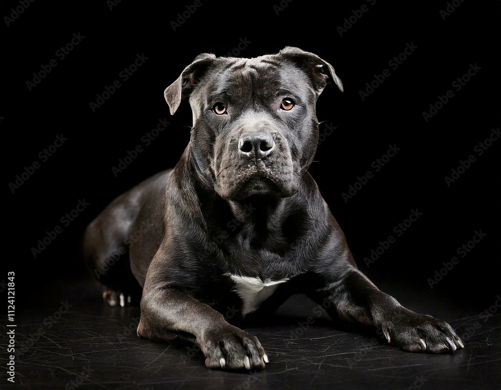 Pitbull Lying Down Posing for Photo on Black Background Pitbull Lying Down Posing for Photo on Black Background