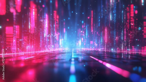 Neon-lit digital city road; pink & blue hues. Perfect for tech, futuristic, or virtual reality themes.