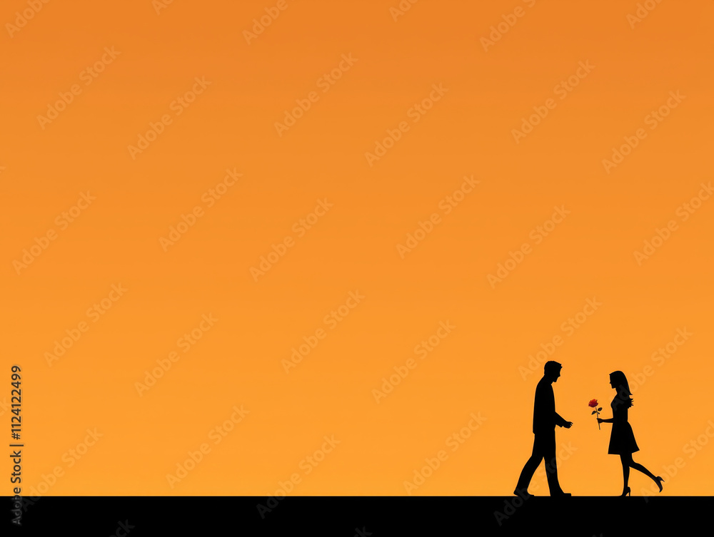 romantic silhouette of couple exchanging rose against orange sunset romantic silhouette of couple exchanging rose against orange sunset