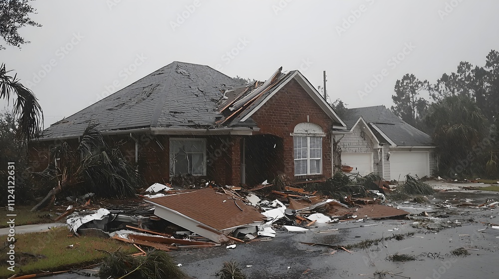 Damaged house after a severe storm, illustrating the impact of natural disasters. Damaged house after a severe storm, illustrating the impact of natural disasters.