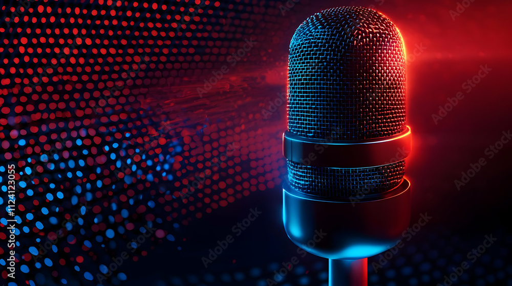 Studio Mic Captures Sound Vibrantly, Illuminated by Neon Lights. Studio Mic Captures Sound Vibrantly, Illuminated by Neon Lights.