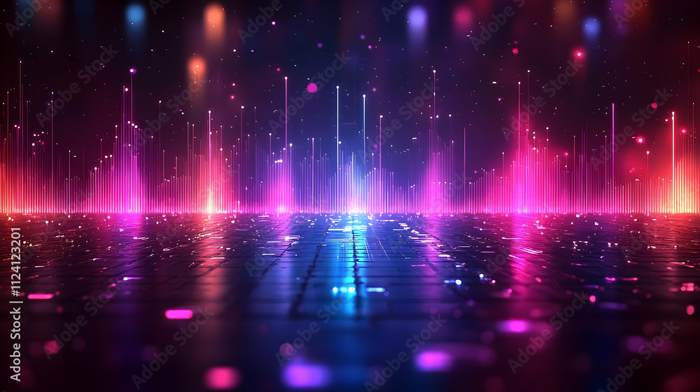 Neon Lights Dance on Reflective Floor, Vibrant Hues Shimmering Mysteriously. Neon Lights Dance on Reflective Floor, Vibrant Hues Shimmering Mysteriously.