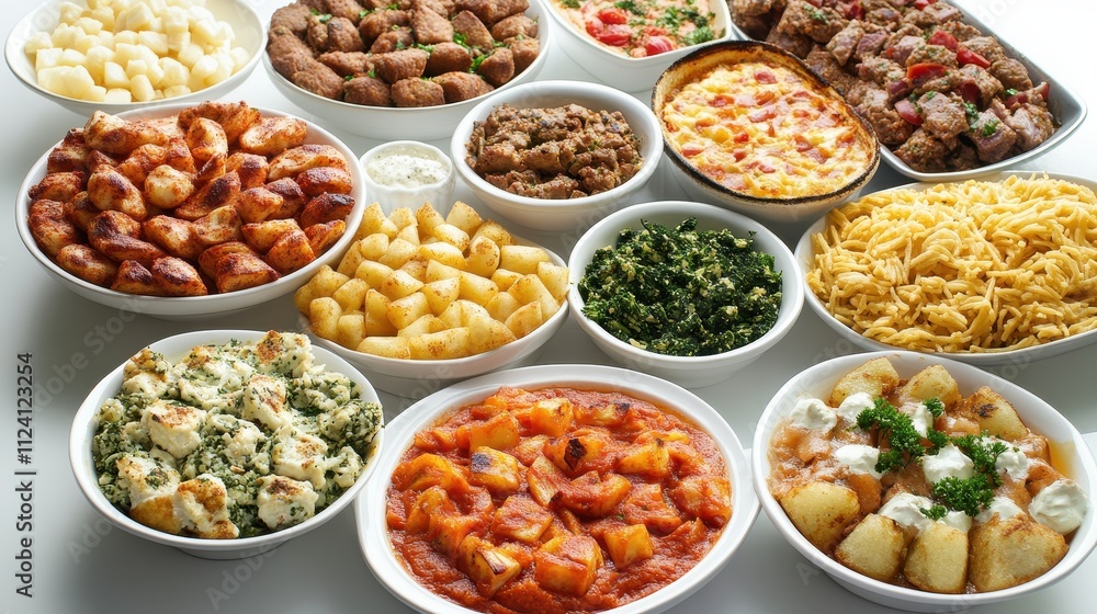 Variety of delicious food dishes in bowls. Perfect for illustrating catering, buffet, or family meal concepts. Variety of delicious food dishes in bowls. Perfect for illustrating catering, buffet, or family meal concepts.