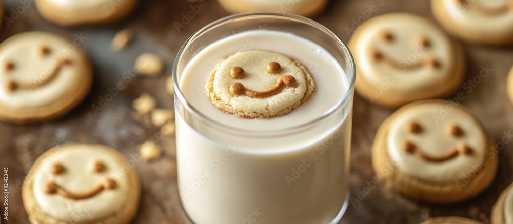 A milk drink surrounded by cookies shaped like smiling faces A milk drink surrounded by cookies shaped like smiling faces