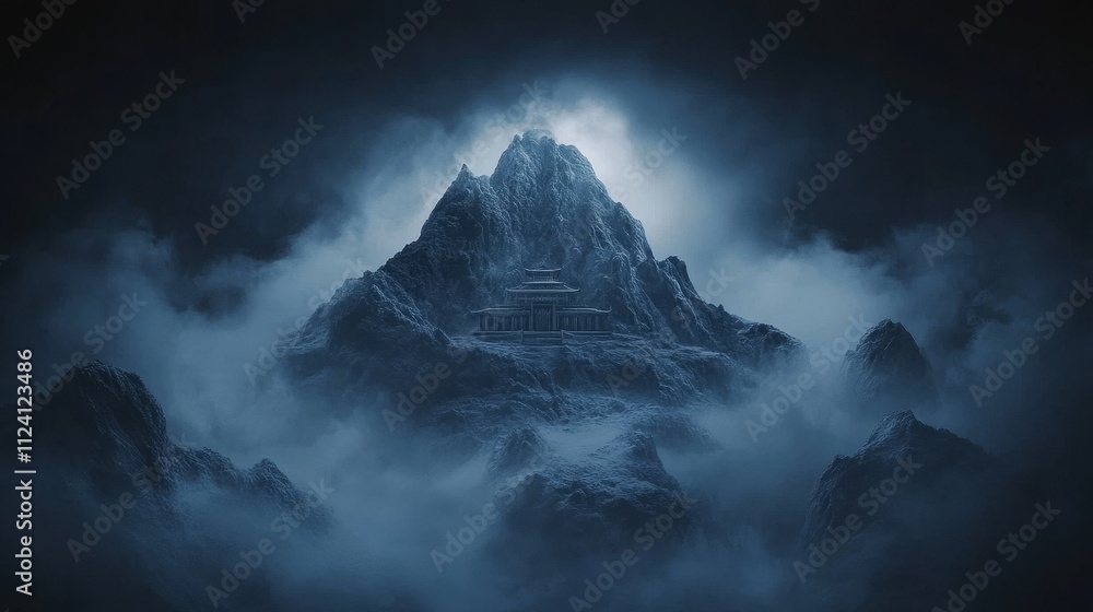 A mysterious mountain shrouded in mist, featuring a hidden temple at its peak. A mysterious mountain shrouded in mist, featuring a hidden temple at its peak.