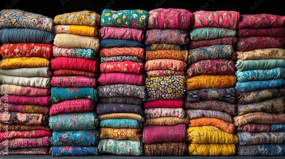 A vibrant display of neatly stacked, colorful fabric rolls. A vibrant display of neatly stacked, colorful fabric rolls.