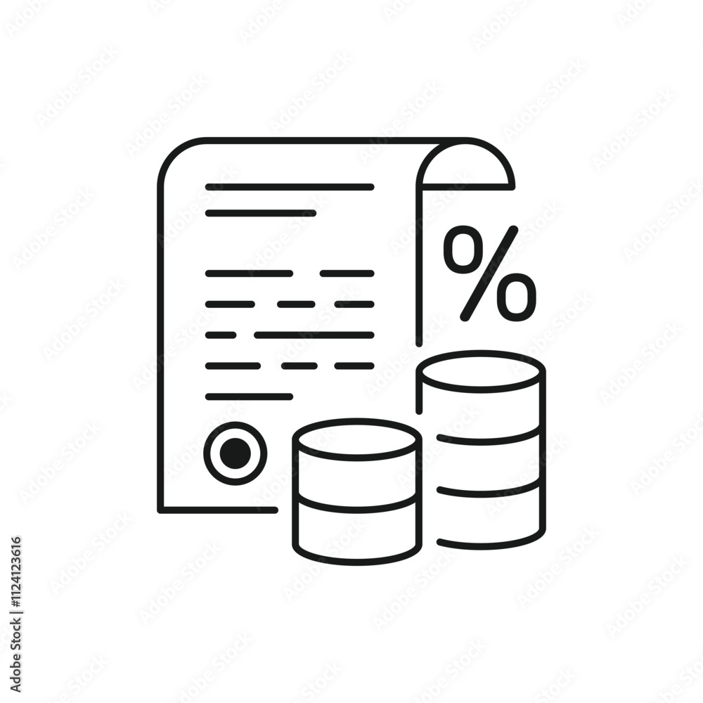 Deposit interest flat line icon, credit, loan commission. Thin linear logo for financial services, cashback payment, tax fee, invoice with money and percent sign vector illustration. Deposit interest flat line icon, credit, loan commission. Thin linear logo for financial services, cashback payment, tax fee, invoice with money and percent sign vector illustration.
