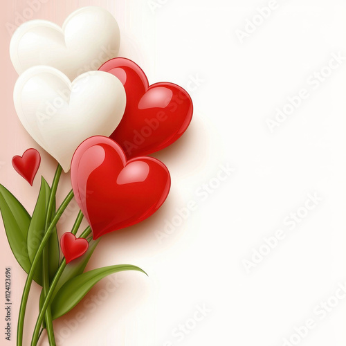 Heart shaped flowers in red and white with green stems on soft gradient background