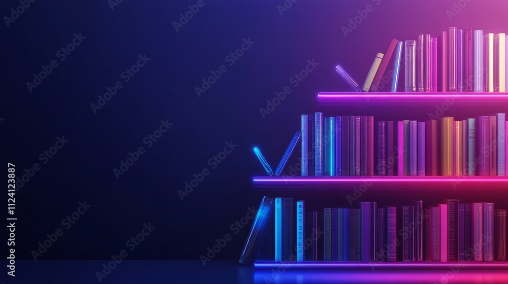 A modern bookshelf illuminated with vibrant neon lights against a dark backdrop. A modern bookshelf illuminated with vibrant neon lights against a dark backdrop.