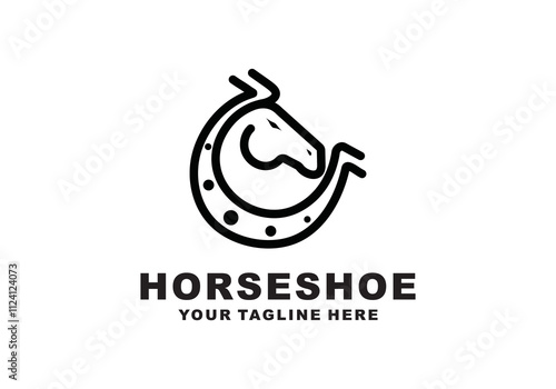 horse head combination logo design with horseshoe. vector design icon with line style	