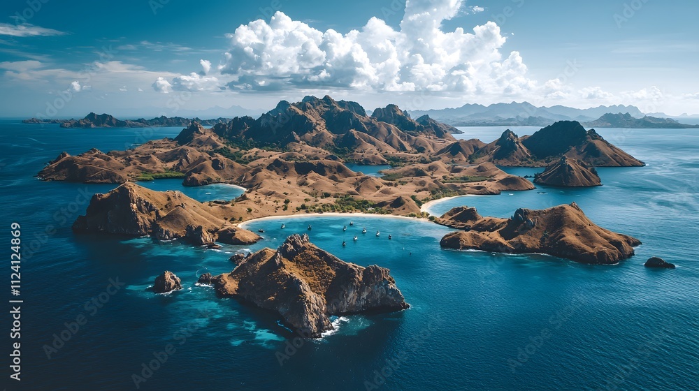 Fototapeta premium Aerial view of a stunning tropical island landscape with clear blue waters.