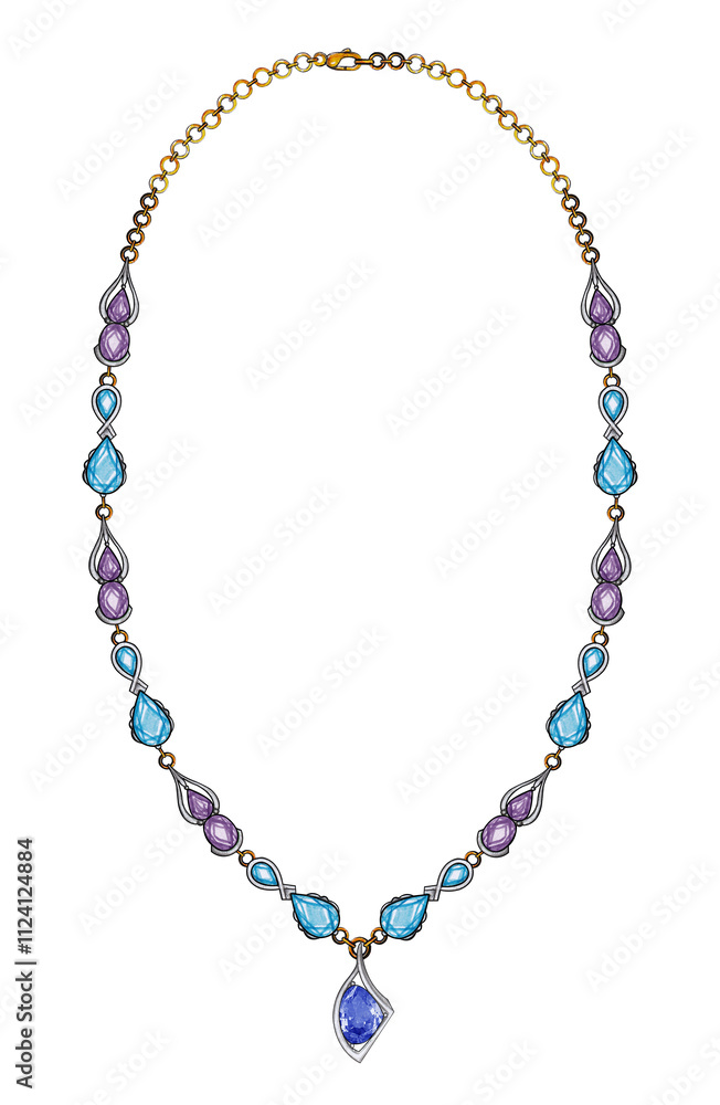 Jewelry design modern art necklace set with blue topaz amethyst and blue sapphire hand drawing. Jewelry design modern art necklace set with blue topaz amethyst and blue sapphire hand drawing.