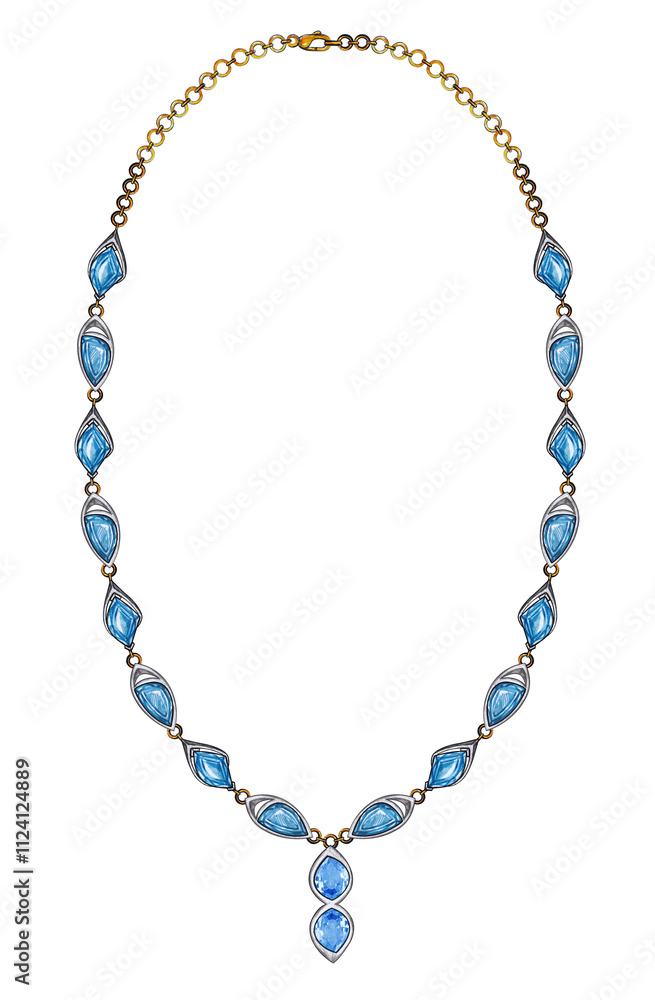 Jewelry design modern art necklace set with blue topaz hand drawing.