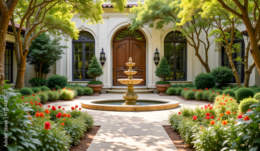 Stunning Mediterranean courtyard with a tiered fountain, vibrant red flowers, manicured greenery, arched wooden doors, tall windows, and soft sunlight filtering through lush trees. Stunning Mediterranean courtyard with a tiered fountain, vibrant red flowers, manicured greenery, arched wooden doors, tall windows, and soft sunlight filtering through lush trees.