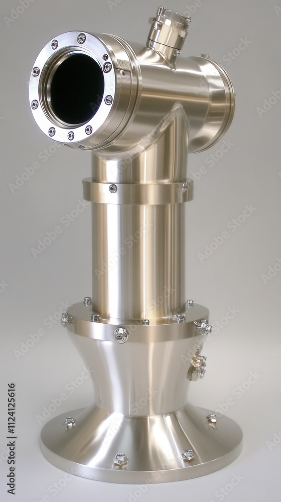 Polished stainless steel industrial component on gray backdrop Polished stainless steel industrial component on gray backdrop